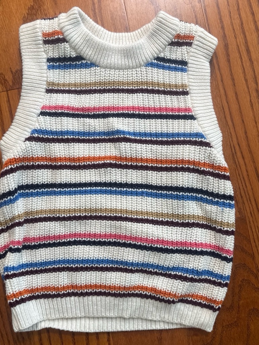 LOFT Cream Sweater with Blue, Navy, Orange & Burgundy Stripes